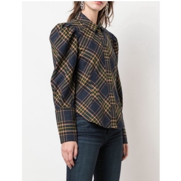 Veronica Beard Seneca Plaid Puff Sleeve Button-down shirt Size 0 Navy Check - Picture 2 of 12